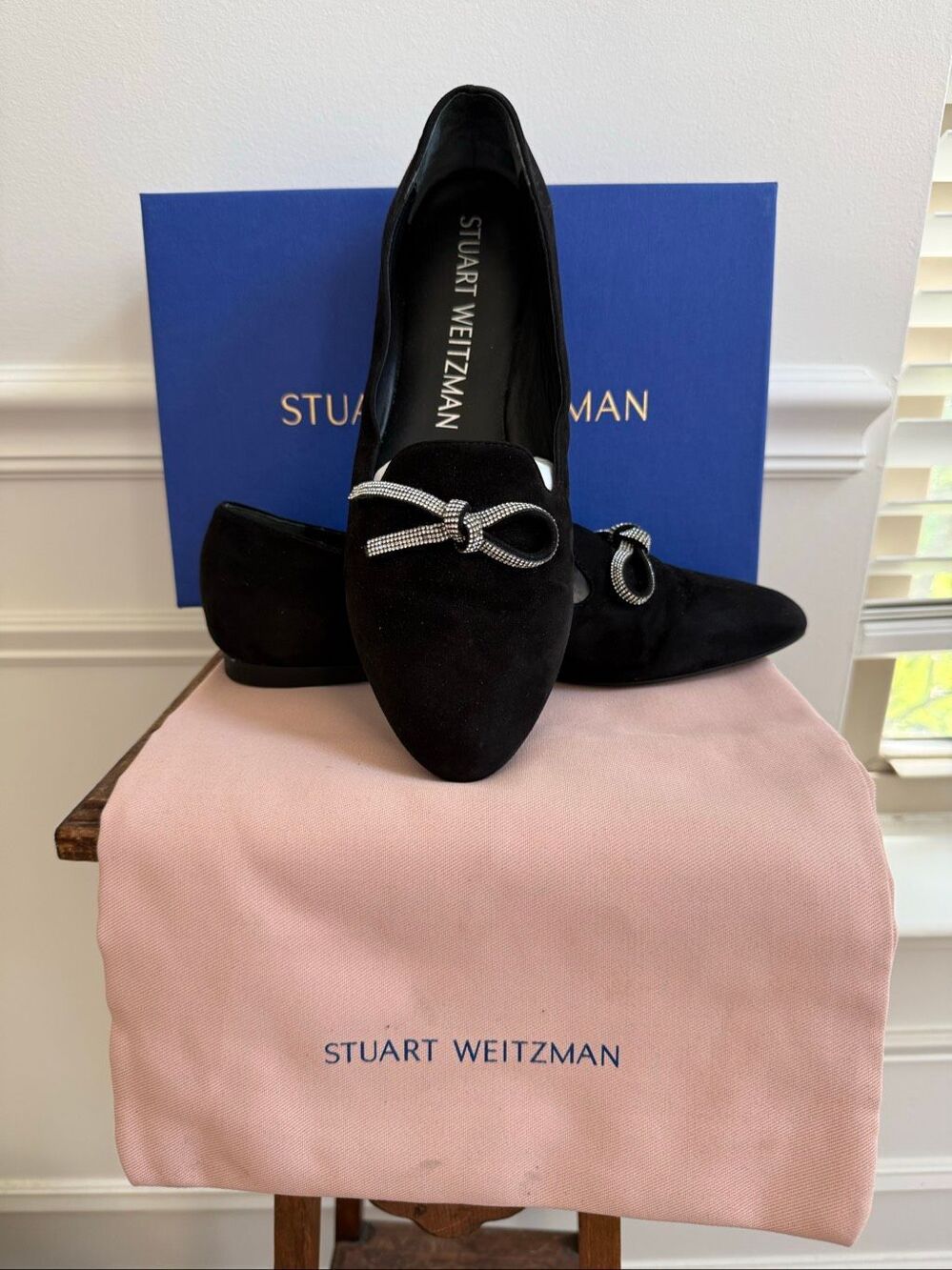 Stuart Weitzman Bow Flat Loafer Black Suede Rhinestone Box Dust Bag  $438 9.5